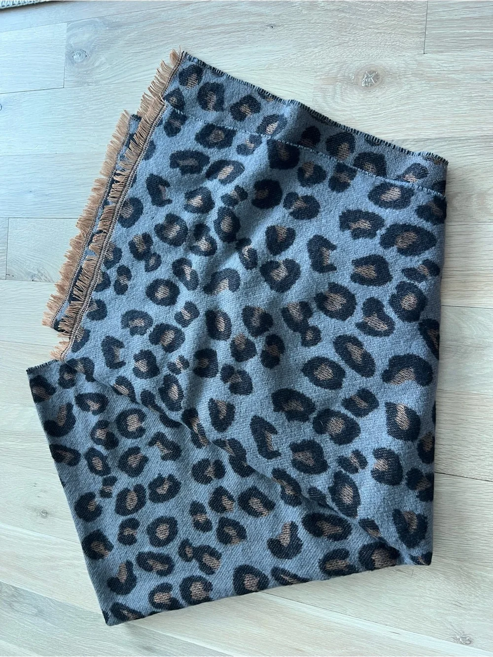 Leopard Print Fringe Scarf in Gray and Brown